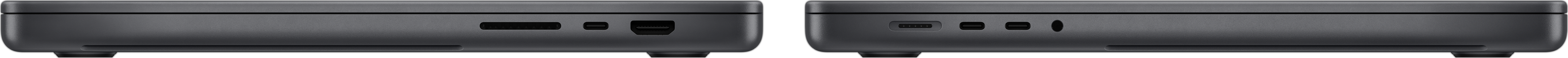 Vue latérale de MacBook Pro montrant la fente pour carte SDXC, les trois ports Thunderbolt 4, le port HDMI, le port d’alimentation MagSafe 3 et la prise pour écouteurs.