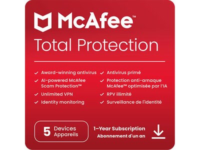 McAfee Total Protection 5 Device for Windows, Mac, Android & iOS - 12-Month Subscription (Digital Download)